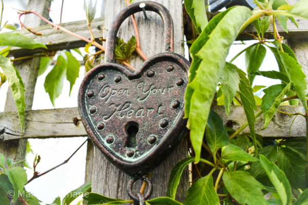 padlock and key decoration , with the words Open your Heart., hanging from a wooden fencefrom f