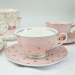 pink and gold polka dot cup and saucer