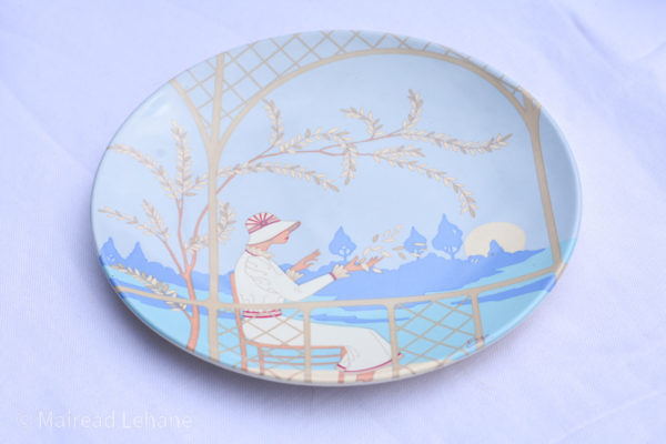 Poole 448 Art Deco Autumn Plate with lady under a tree with Autumn leaves. The plate has lovely blue tones