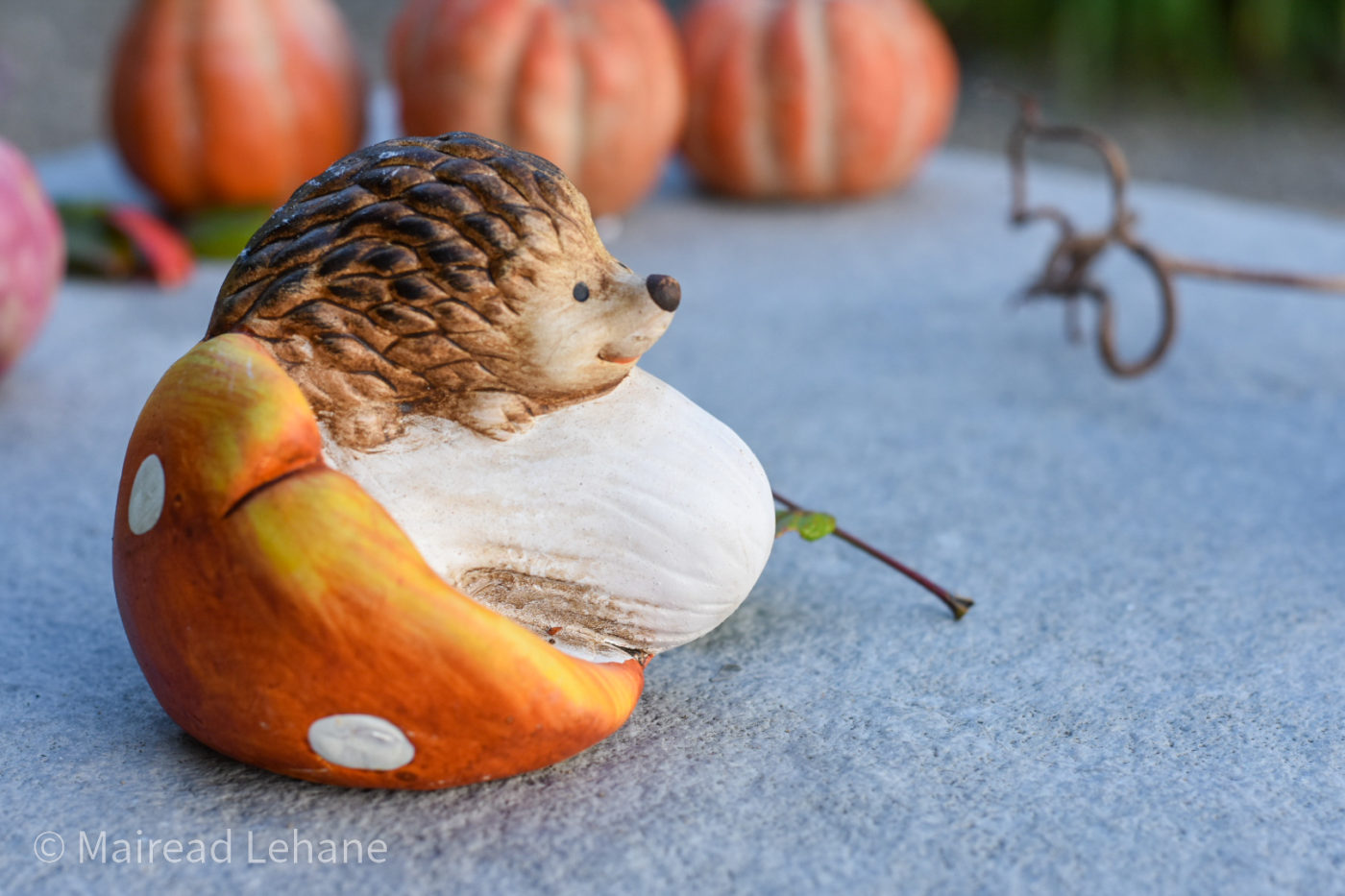 Autumn hedgehog ornament with pumpkins in the background