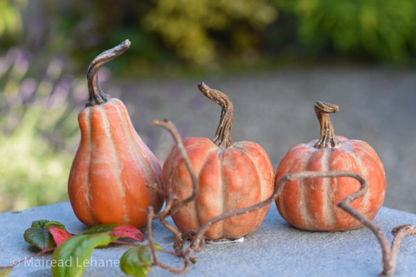 Orange pumpkin ornaments with twigs and lleaves