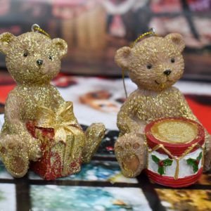 Christmas Teddy bear hanging decorations one with gift and one with drum