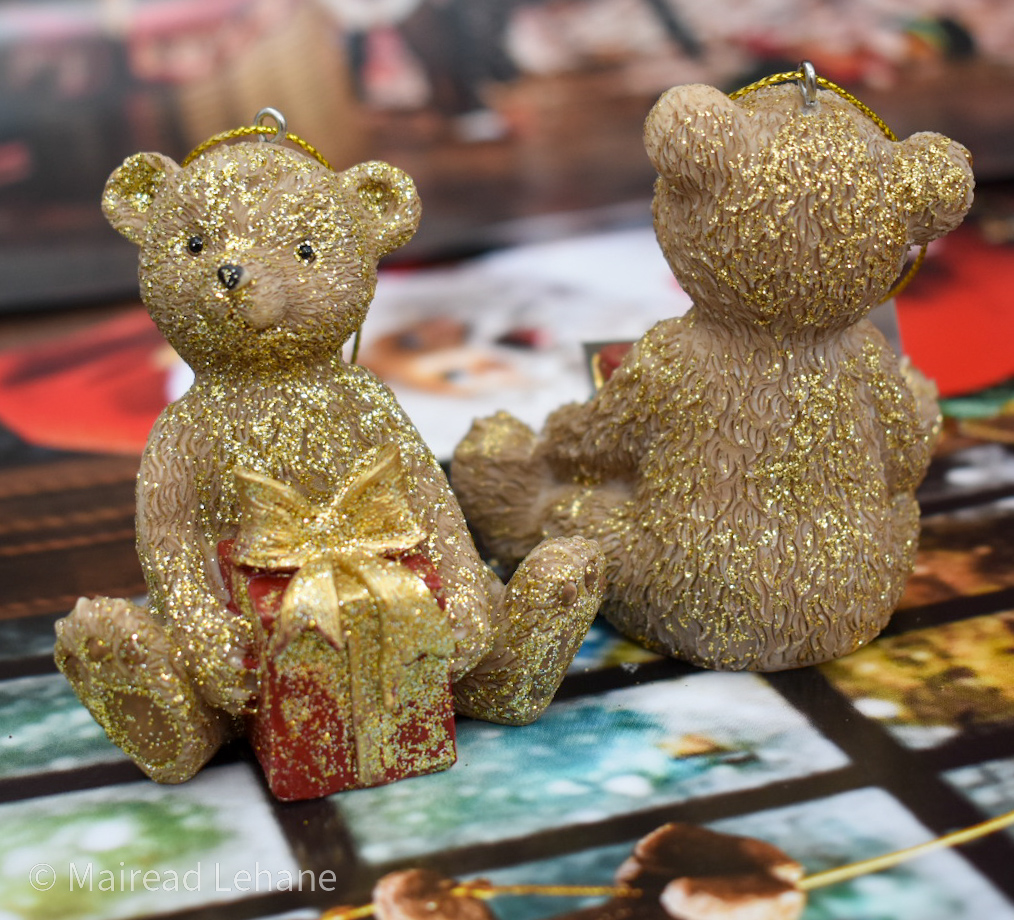 christmas teddy bears one facing forward one facing away