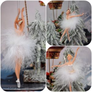 collage of three ballerina in feathered tutus by a Christmas tree